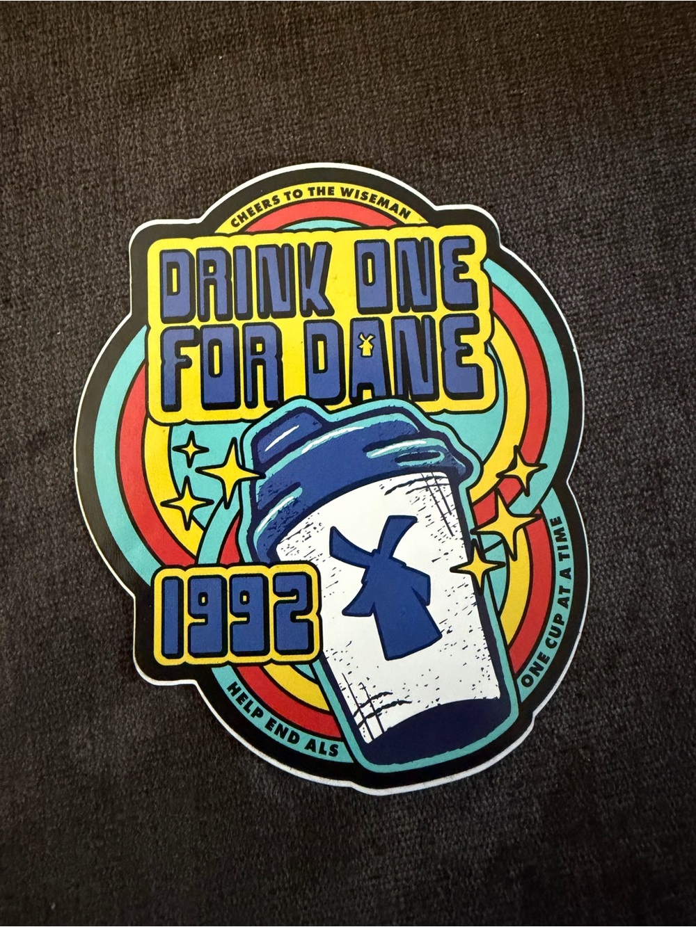 Dutch Bros Retro Blue, Yellow & Red 'Drink One for Dane' Sticker